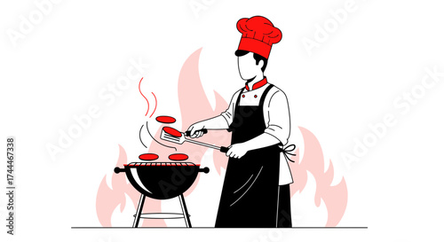 A Chef Grilling Delicious Burgers On A BBQ Grill With A Detailed Minimalistic Design Focus