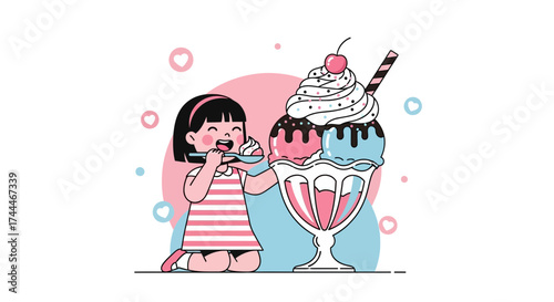 A cute little girl enjoying the delicious ice cream sundae in a minimalist illustration style