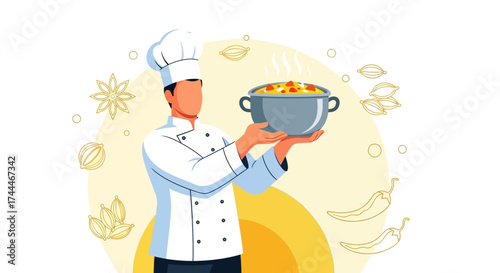 A chef holding pot of hot and delicious food ready, cartoon illustration concept.