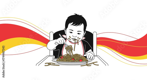 A cute toddler eating spaghetti and making a mess in a high chair flat vector design
