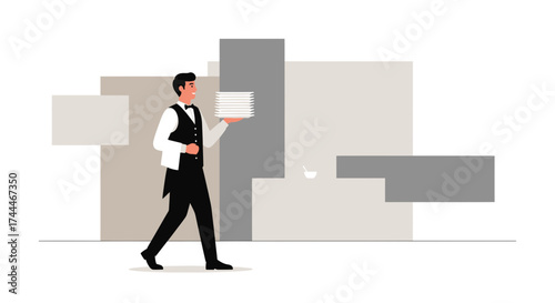 A Dapper Server Carefully Balances Plates While Navigating Minimalist Geometric Design