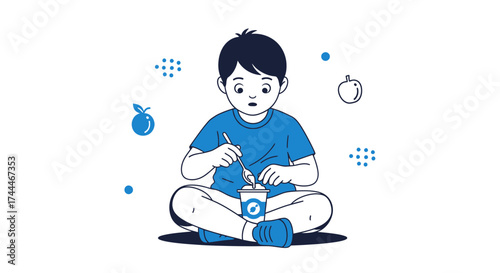 A Delightful Illustration Of A Young Boy Enjoying A Creamy Yogurt Treat Leisurely