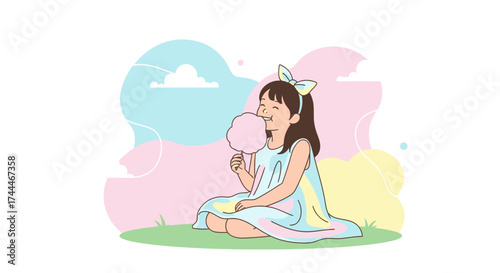 A delightful illustration of a girl enjoying cotton candy, smiling with happiness and joy