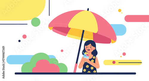 A Delightful Illustration of a Girl Enjoying an Ice Cream Under a Beach Umbrella