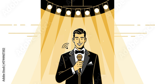 A Distinguished Entertainer Holding Microphone Under Stage Lights Performing For Audience