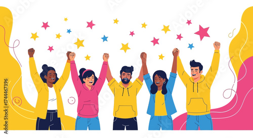 A diverse group of people celebrating an achievement with stars in the background