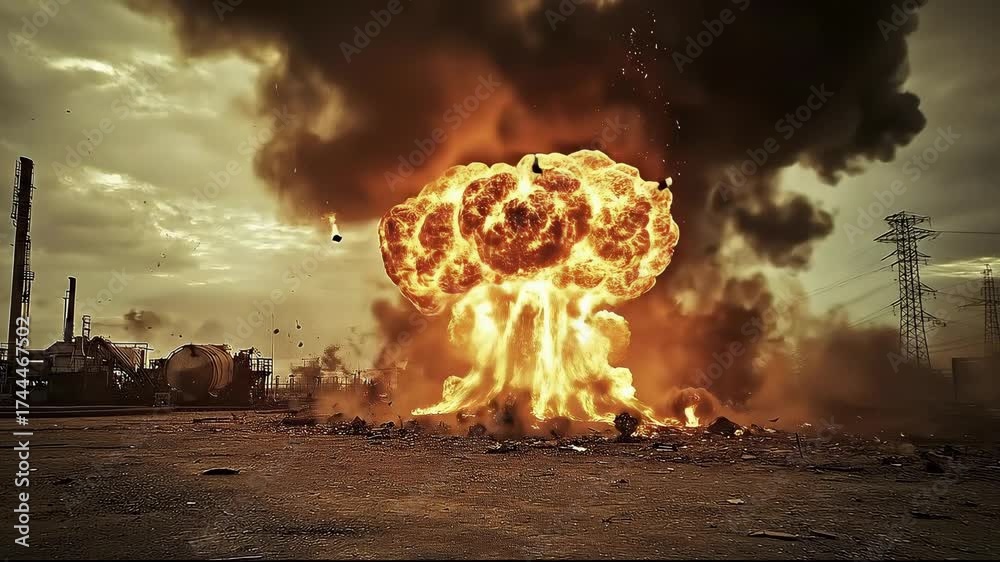 A dramatic explosion amidst a rugged industrial landscape.