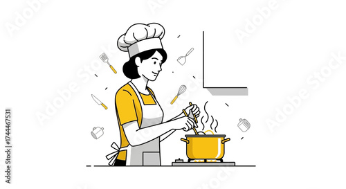 A Female Chef Is Passionately Cooking Delicious Food In Kitchen, Line Art Illustration