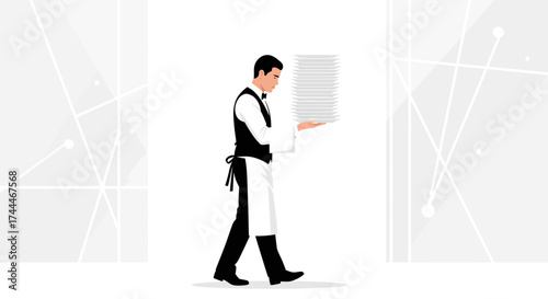 A Formal Server Carries Dishes, Ready To Serve, In Minimalist Style And Background