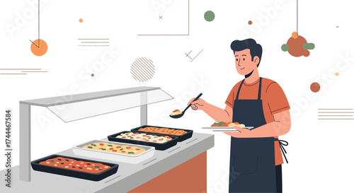 A Friendly Chef Serving Food from a Buffet in a Restaurant or Cafeteria Setting