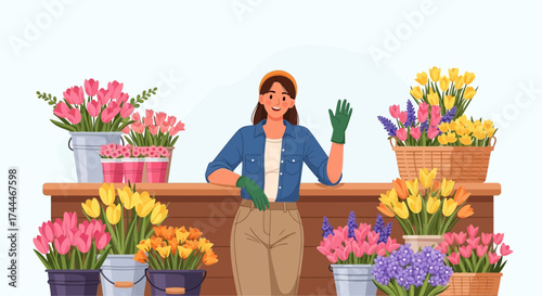 A friendly female florist smiles and greets customers in a colorful flower shop