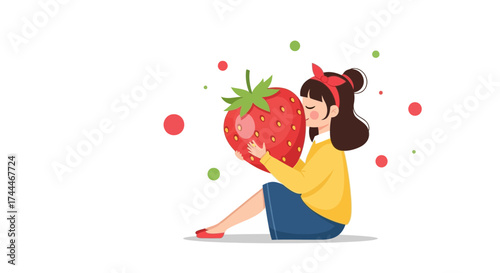 A Girl Delightfully Embracing a Massive Strawberry, Expressing Passionate Feelings