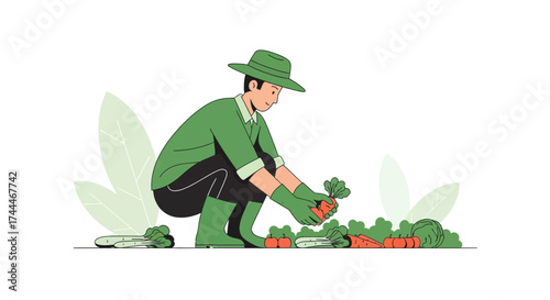 A Gardener Harvesting Fresh Vegetables in a Garden with a Simple and Clean Style