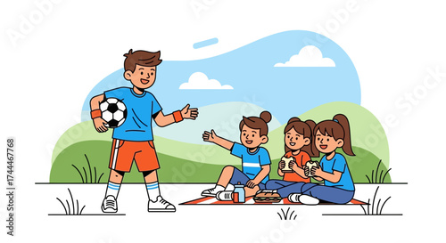 A group of children enjoying a picnic and playing soccer together, vector illustration