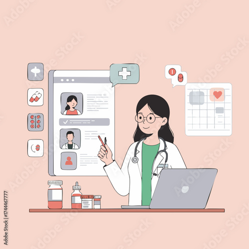 Modern Flat Style Online Medical Consultation Doctor and Patient Illustration