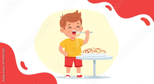 A happy child eating spaghetti with pleasure and smile in a colorful cartoon