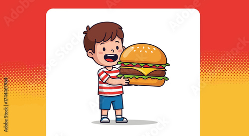 A Happy Child Holding A Delicious Hamburger Illustration For Food And Fun Projects