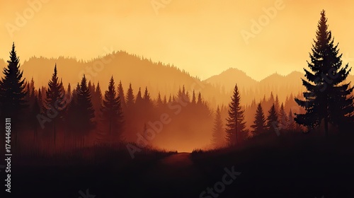 A golden hour forest scene with silhouetted trees and mountains.