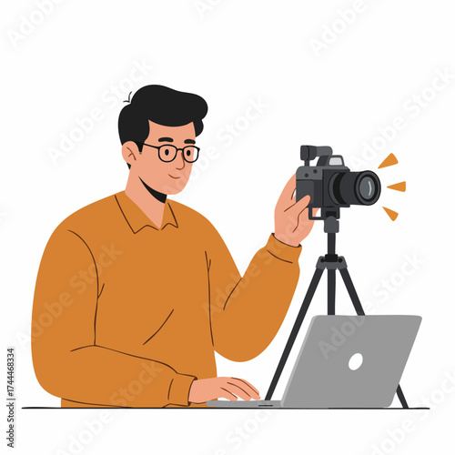 Flat Style Male Figure with Camera and Laptop Illustration
