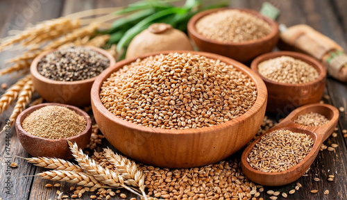 Various grain and oilseed crops in wooden bowls on a rustic table, natural and organic food