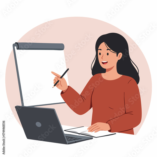 Flat Illustration of Smiling Woman Presenting at Flip Chart with Laptop