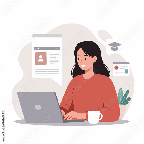 Modern Flat Design Woman Working on Laptop Computer Illustration
