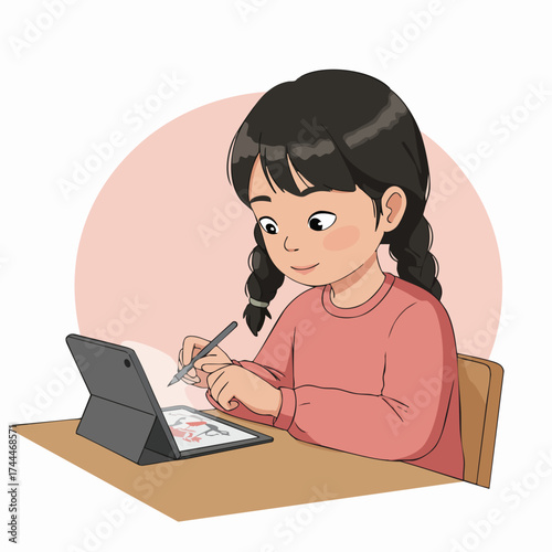 Cute Handdrawn Girl Character Using Digital Tablet Illustration