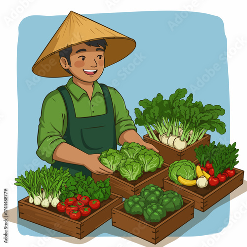 Colorful Cartoon Style Farmer Selling Fresh Vegetables At Market Stall