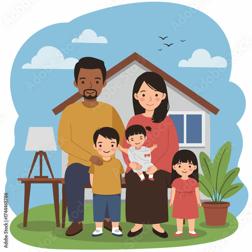Flat Style Illustration Happy Family Standing in Front of House