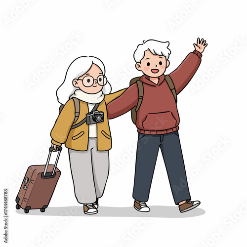 Cute Cartoon Style Senior Couple Traveler With Luggage Illustration