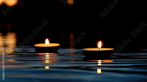 Two floating candles illuminate the still water at dusk.