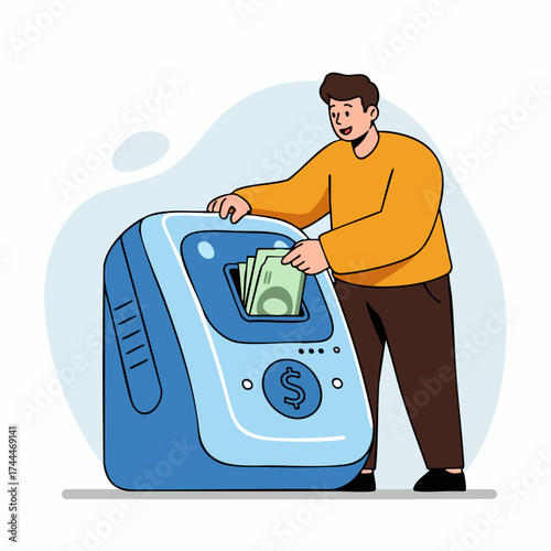Modern Flat Illustration Man Inserting Money into ATM Machine Concept