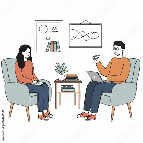 Minimalist Line Art Therapist Consulting Patient Psychology Counseling Illustration