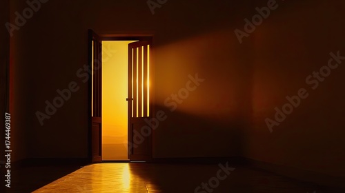 A golden sunrise streams through an open door, illuminating a path forward.