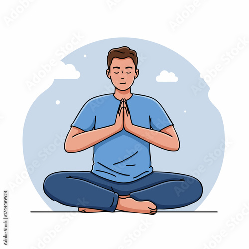 Peaceful Flat Illustration of Man Meditating in Lotus Position Lifestyle