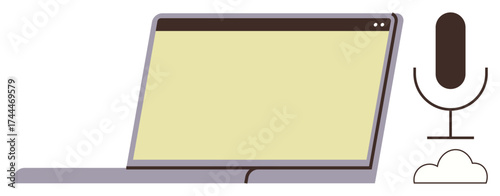 Open laptop with a standing microphone and cloud, suggesting virtual communication, podcasting, and online tools. Ideal for remote work, technology, broadcasting, education, networking creativity