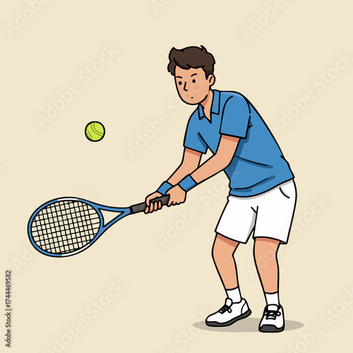 Illustrated Young Male Tennis Player Hitting Ball with Racket Illustration