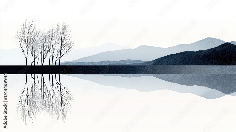 Fototapeta premium A serene winter landscape reflected in a still lake.