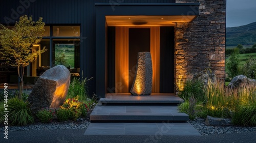 Modern home entryway with illuminated stone sculpture at dusk.