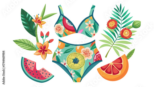 Stylish female swimsuit with floral tropical fruit pattern. Fashionable swimwear. Bikini top and bottom. Flat vector illustration isolated on white background.