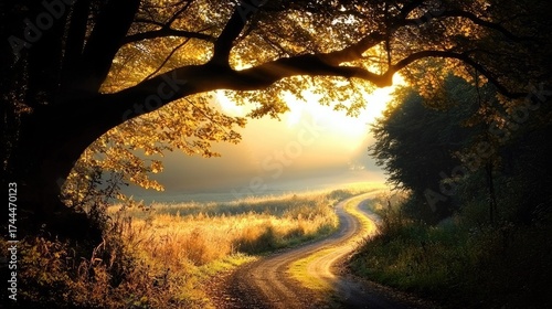 A sun-drenched country road meanders through a golden field at dawn.