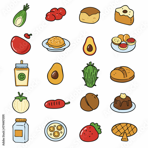 Colorful Outline Doodle Food Illustration Set Various Types of Cuisine Items