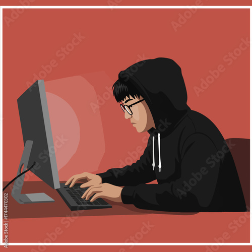Pixel Art Young Hacker Coding on a Computer Illustration
