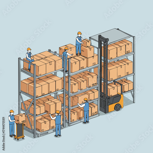Isometric Detail Warehouse Logistics and Distribution with Staff and Forklift