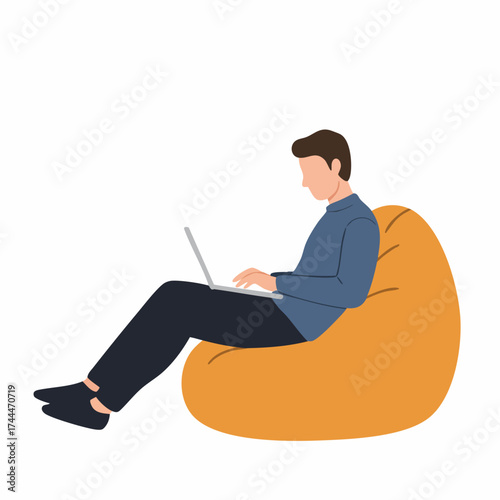 Minimalist Style Man Working on Laptop Sitting on Beanbag Illustration