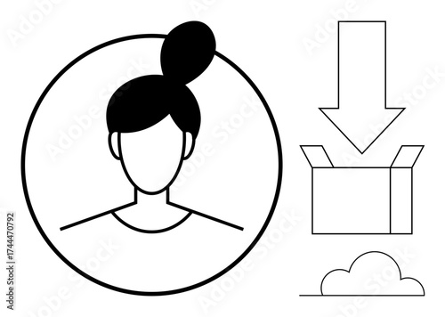 Female profile in circle, downward arrow pointing to open box, cloud element. Ideal for user registration, profile upload, download, storage, account setup data transfer digital tools. Simple flat