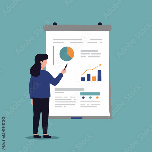 Flat Illustration Woman Presenting Business Data on Flip Chart Whiteboard