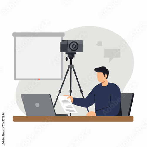 Flat Illustration of Man Presenting Document with Camera at Desk Scene
