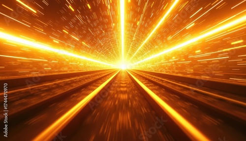 Golden light tunnel with bright lines creating fast motion effect. Parallel glowing tracks lead to distant light. Abstract background represents high speed, future tech, digital journey through