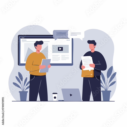 Flat Style Two Men Discussing Presentation on Screen Illustration